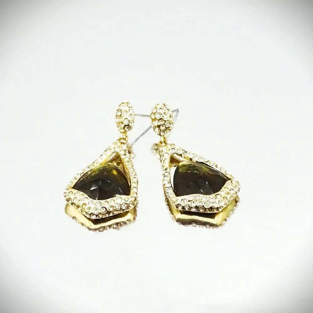 ALEXIS BITTAR Yellow Gold Plated Faceted Brown & Clear CZ Pave Dangle Earrings - Picture 4 of 8